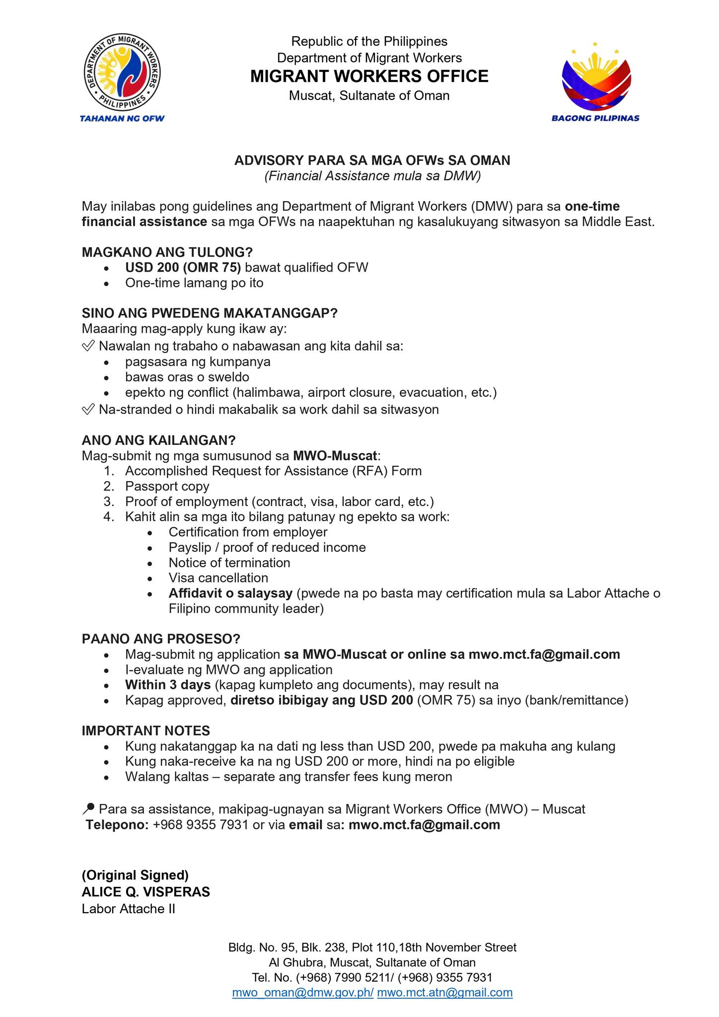 ways to claim financial assistance for OFWs from MWO Muscat Oman Office